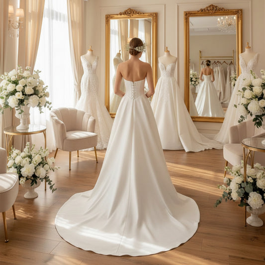 White strapless A-line wedding dress with lace-up open back and flowing skirt
