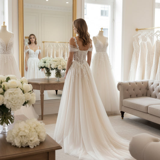Off-shoulder lace corset wedding dress with full gathered tulle skirt and train