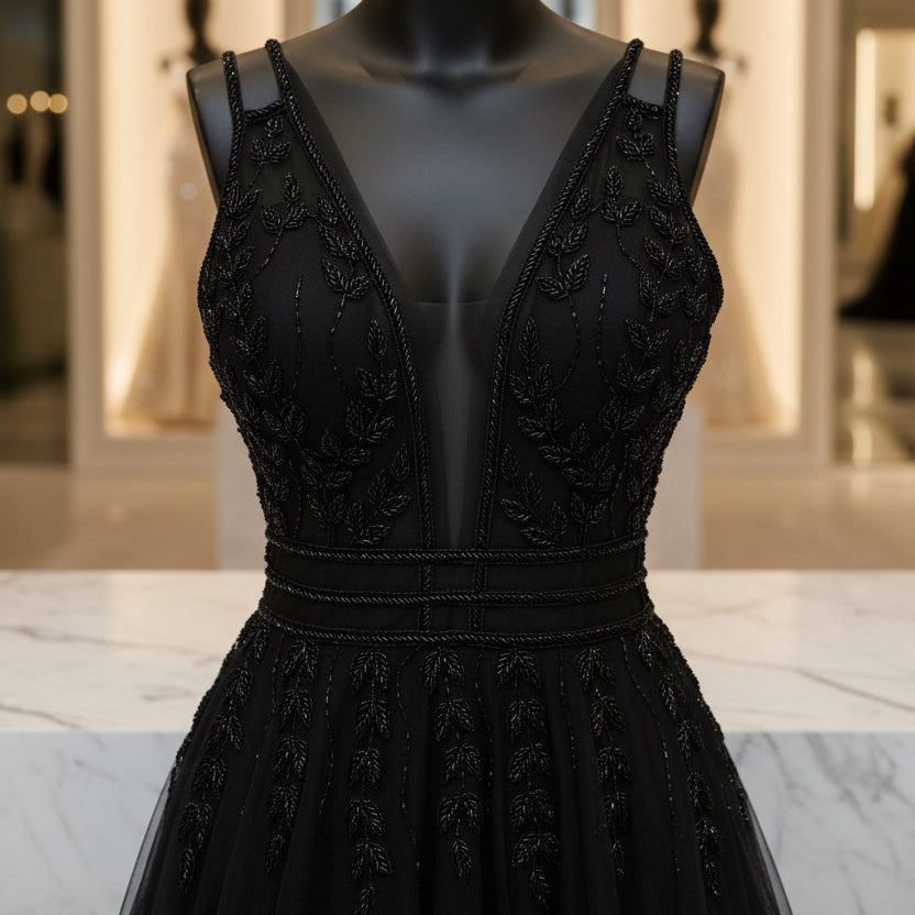 Black evening dress bodice close-up with sheer mesh straps, lace detailing, V neckline