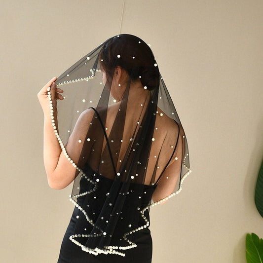 Black short veil with long pearl fringe and bead-studded mesh, shoulder length