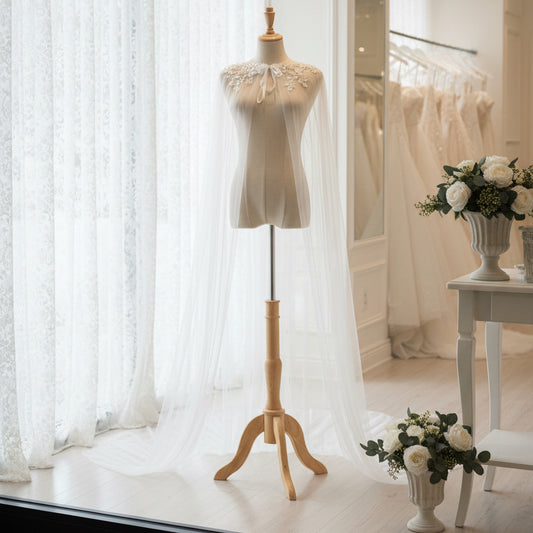 Ivory bridal cape veil with sheer tulle drape and floral crystal trim