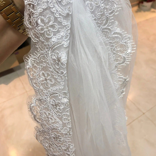 Bridal veil lace appliques on sheer tulle, high-detail embroidered edge