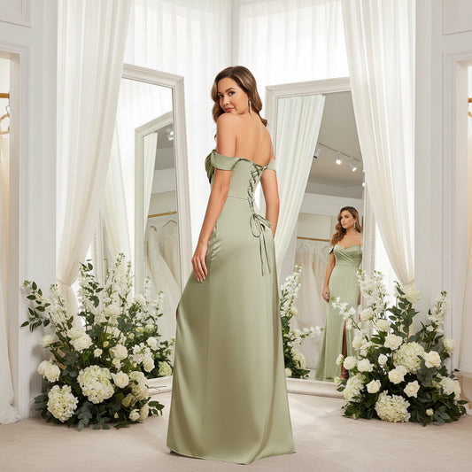 Off-shoulder sage satin split dress with bow-tie back and long front slit