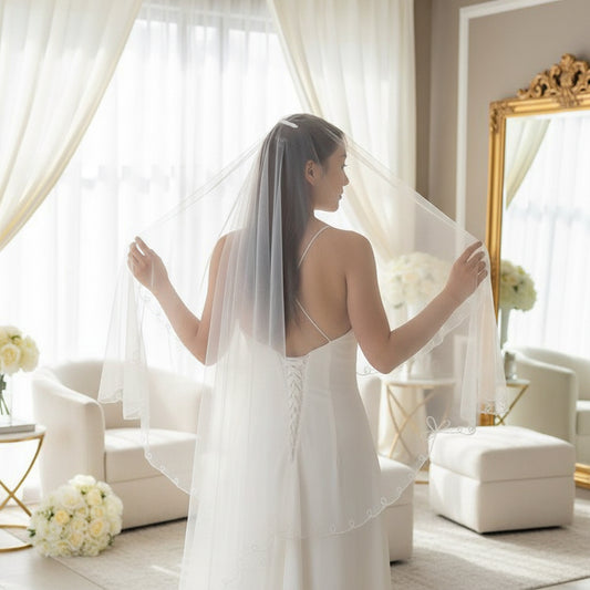 Two-tier blusher veil back view with sheer tulle panels and floral appliqué edging