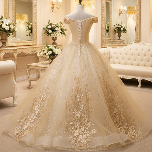 Gold glitter appliqué gala evening dress, fitted bodice and flared tulle skirt on mannequin