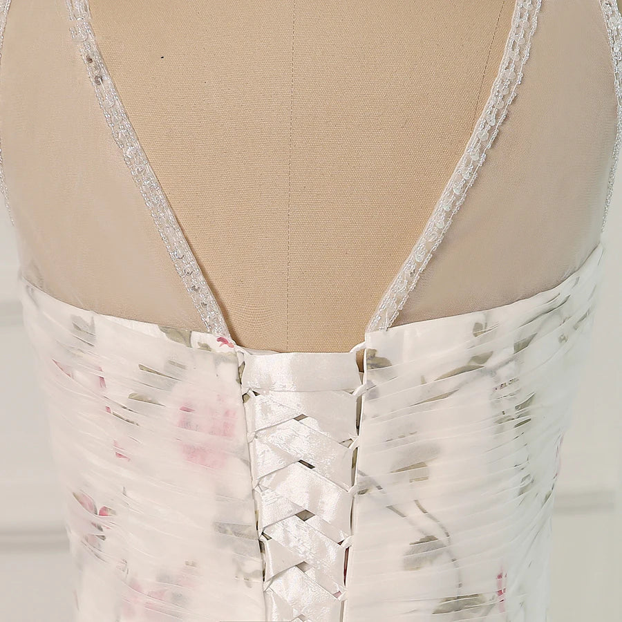 Floral organza wedding dress bodice with V-neck lining and crisscross waist lacing