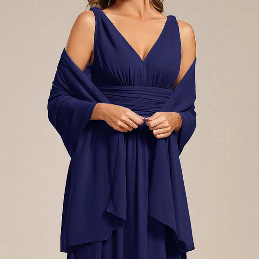 Chiffon shoulder wrap evening shawl in navy blue, draped open-front design