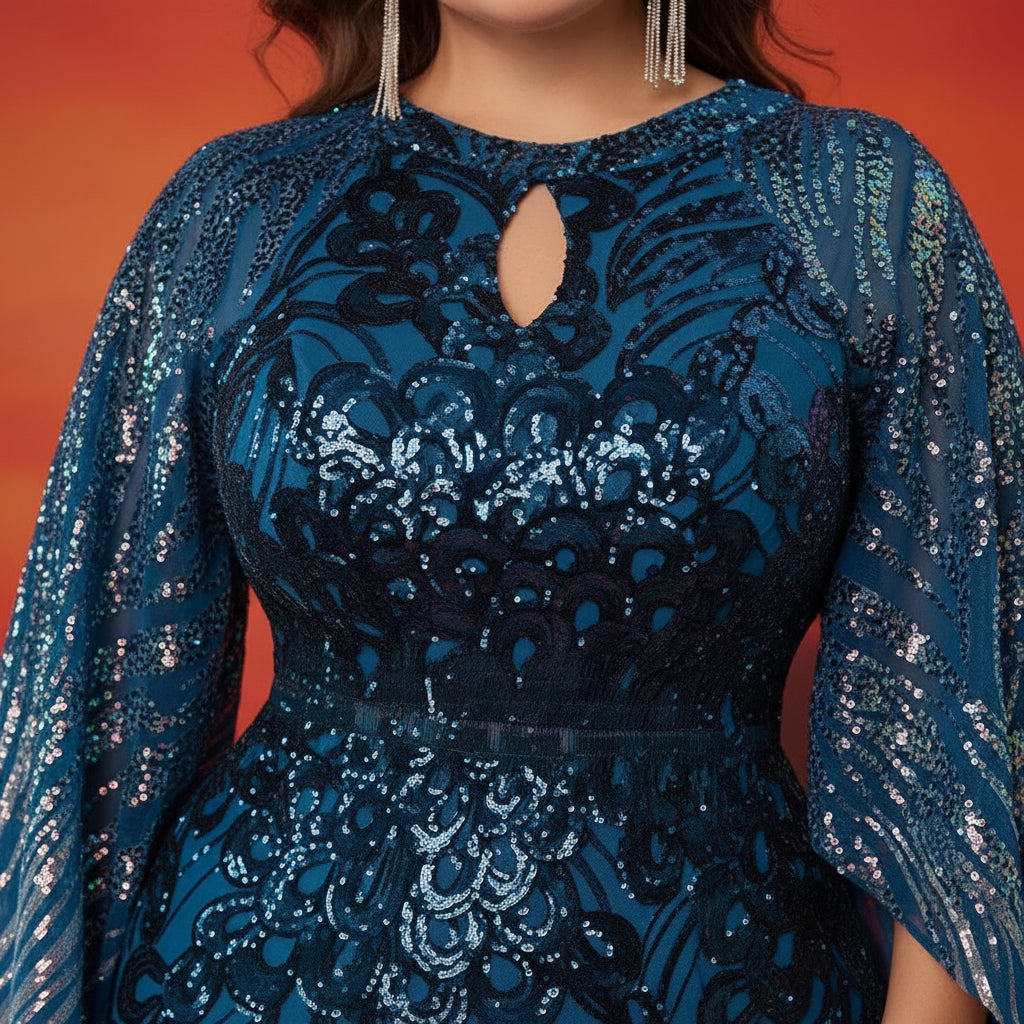Blue sequin evening dress with long sheer sleeves and keyhole neckline, fitted silhouette