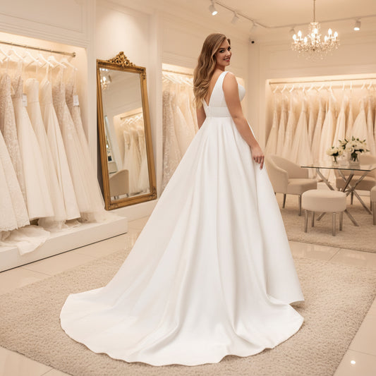 White satin sleeveless wedding dress with deep V neckline and flowing A-line skirt
