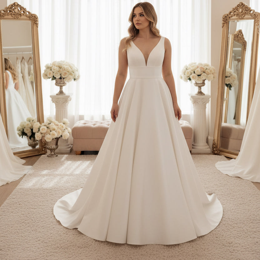 White satin sleeveless wedding dress with V-neck bodice and pleated full skirt