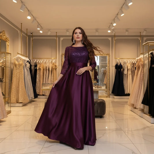 Purple plus size party dress with lace long sleeves and round neckline