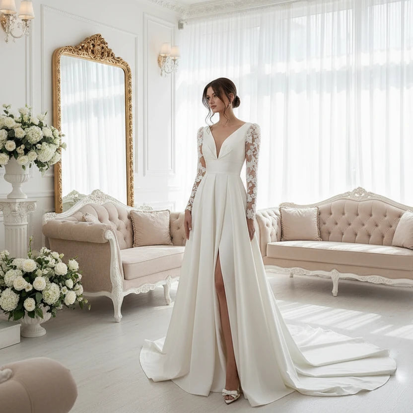 Ivory satin wedding dress with lace long sleeves, V-neck bodice, and full gathered skirt
