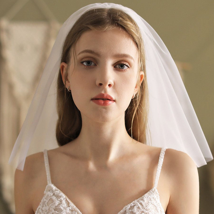 Ivory short two-layer bridal veil, plain sheer tulle veil