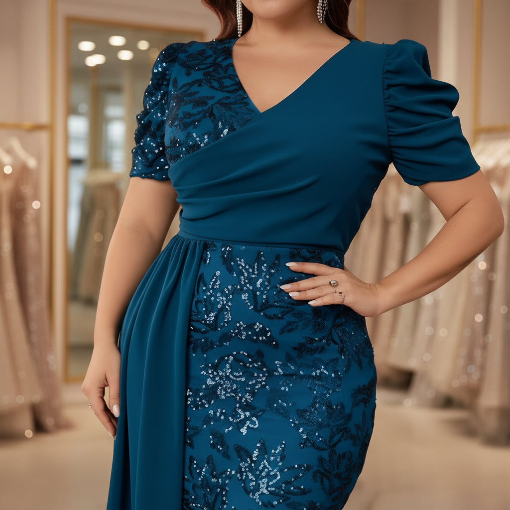 Blue sequined evening dress bodice with V-neck and pleated puff sleeves, high shine