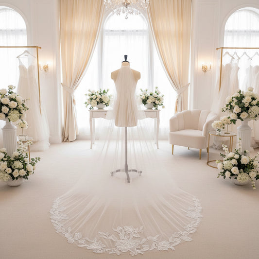 Ivory single-layer bridal veil with floral lace border along the bottom edge