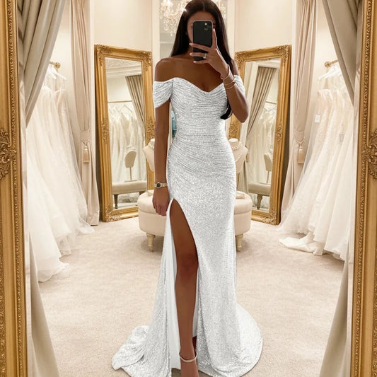Silver sequin off-shoulder mermaid formal dress with front slit
