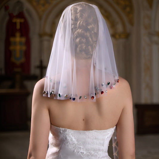 Ivory short veil face cover with multicolor diamante crystal band trim