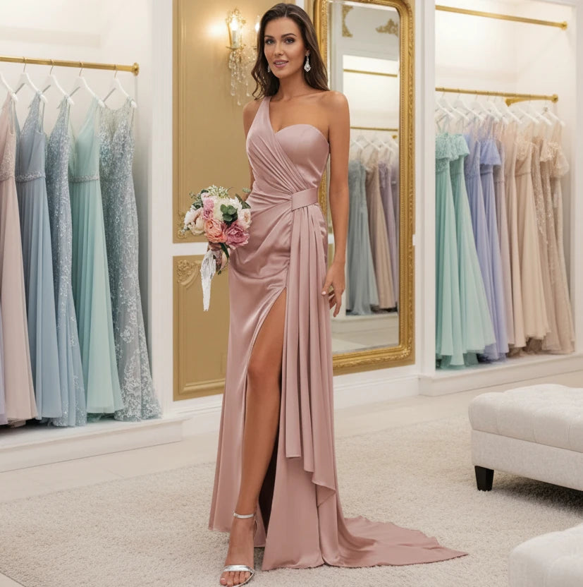 Green a-line with a pleated v-neck bodice high-low hemline chiffon wedding guest dress