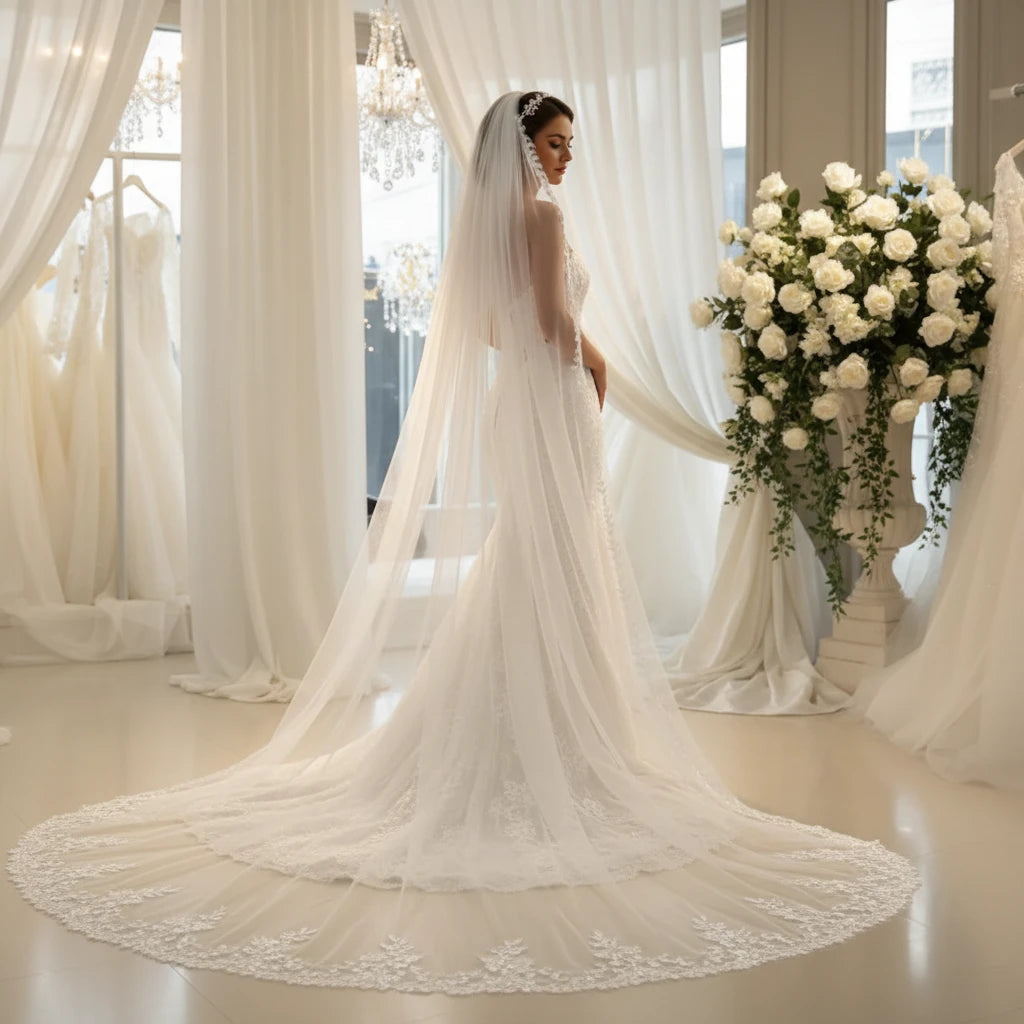 Cathedral length white bridal veil with lace