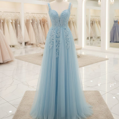 Blue lace tulle A-line formal dress with spaghetti straps and embroidered bodice