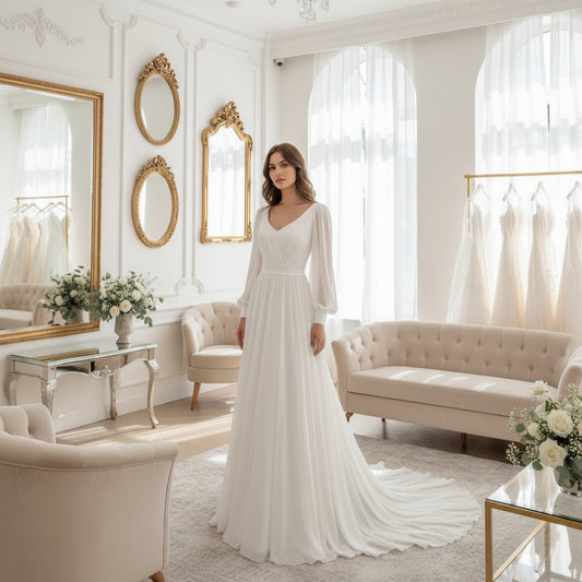 Plus-size chiffon A-line wedding dress, white, V-neck and long puff sleeves