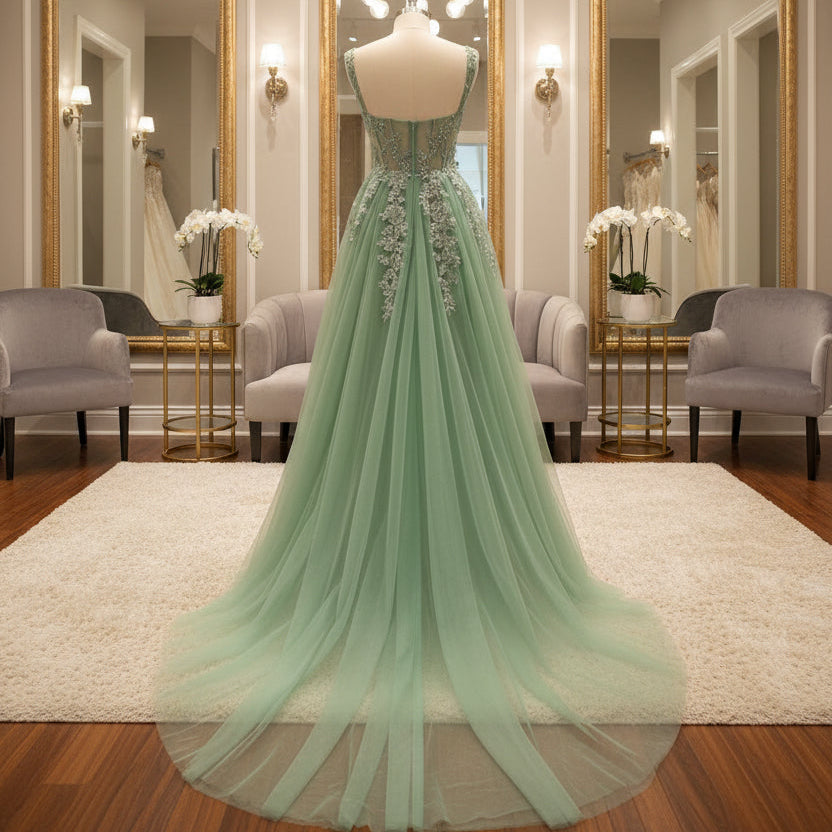 Green A-line lace tulle dress with open back and sheer V-back lace bodice