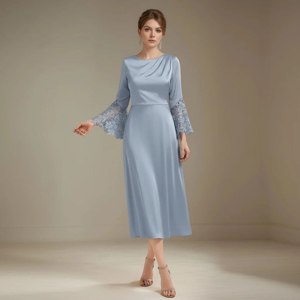 Light blue satin A-line midi dress with long lace sleeves and side slit hem