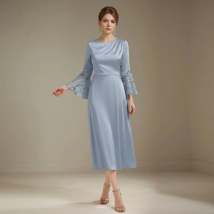 Light blue satin A-line midi dress with long lace sleeves and side slit hem