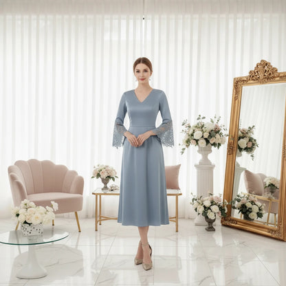 Light blue satin A-line midi dress with lace sleeves and corset-style lace-up panel