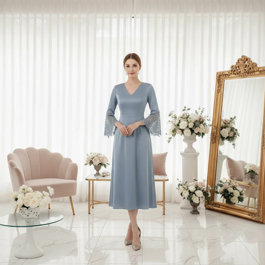 Light blue satin A-line midi dress with lace sleeves and corset-style lace-up panel