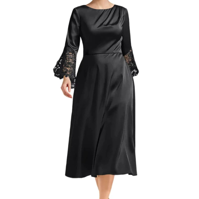 Black satin A-line midi dress with long lace sleeves and scoop neckline