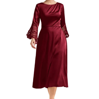 Burgundy A-line satin midi dress with long lace sleeves and scoop neckline