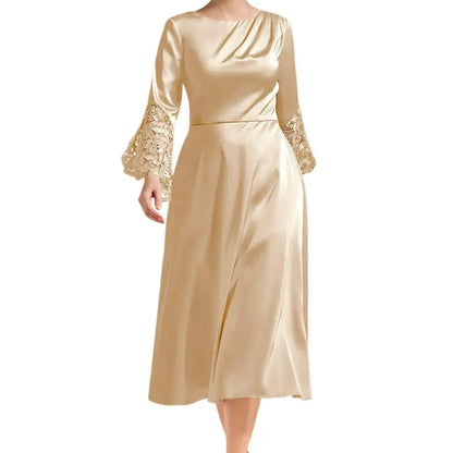 Champagne satin A-line midi dress with long lace sleeves and draped neckline