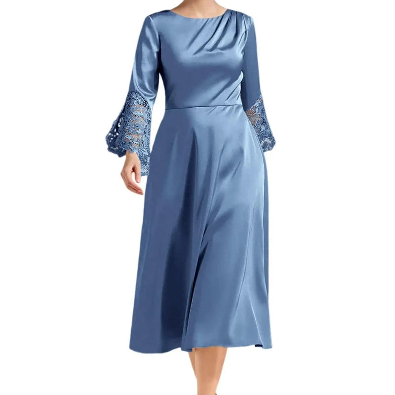 Light blue A-line satin midi dress with long lace sleeves and scoop neckline