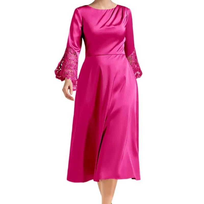 Fuchsia A-line satin midi dress with long lace sleeves and scoop neckline