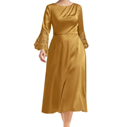 Gold satin A-line midi dress with long lace sleeves and draped scoop neckline