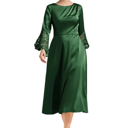 Green satin A-line midi dress with long lace sleeves and draped neckline