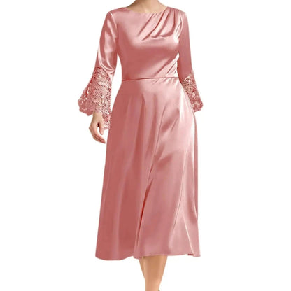 Dusty pink A-line satin midi dress with long lace sleeves and scoop neckline