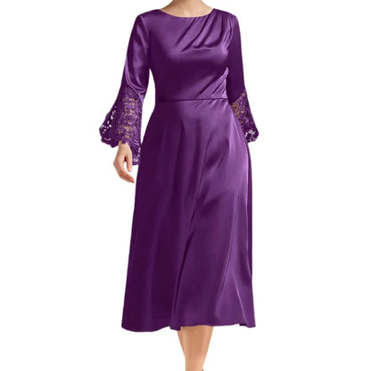 Purple A-line satin midi dress with long lace sleeves and scoop neckline