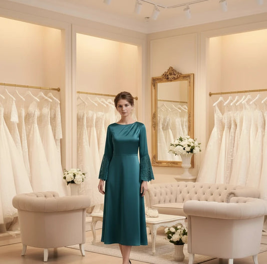 Teal satin A-line midi dress with long lace sleeves and scoop neckline