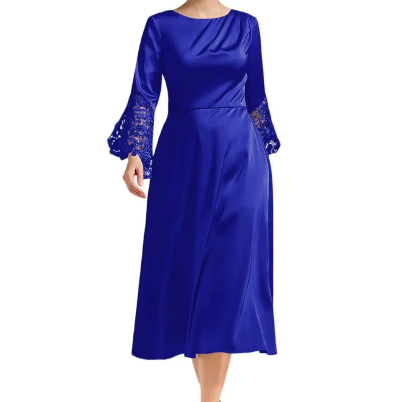 Blue A-line satin midi dress with long lace sleeves and scoop neckline