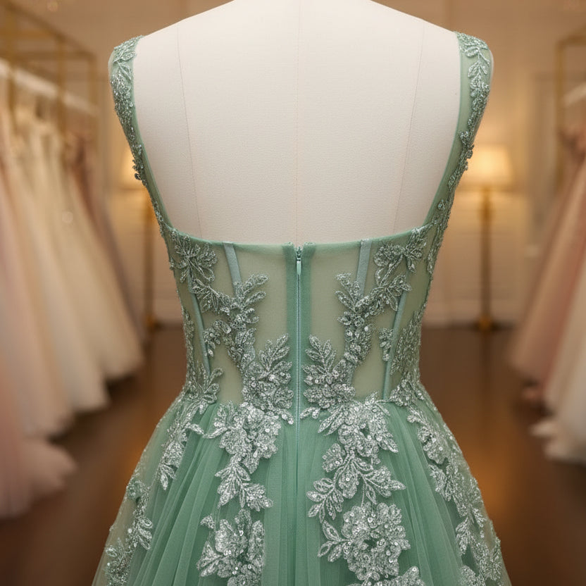 Green lace appliqué open-back tulle dress with corset-style back seams