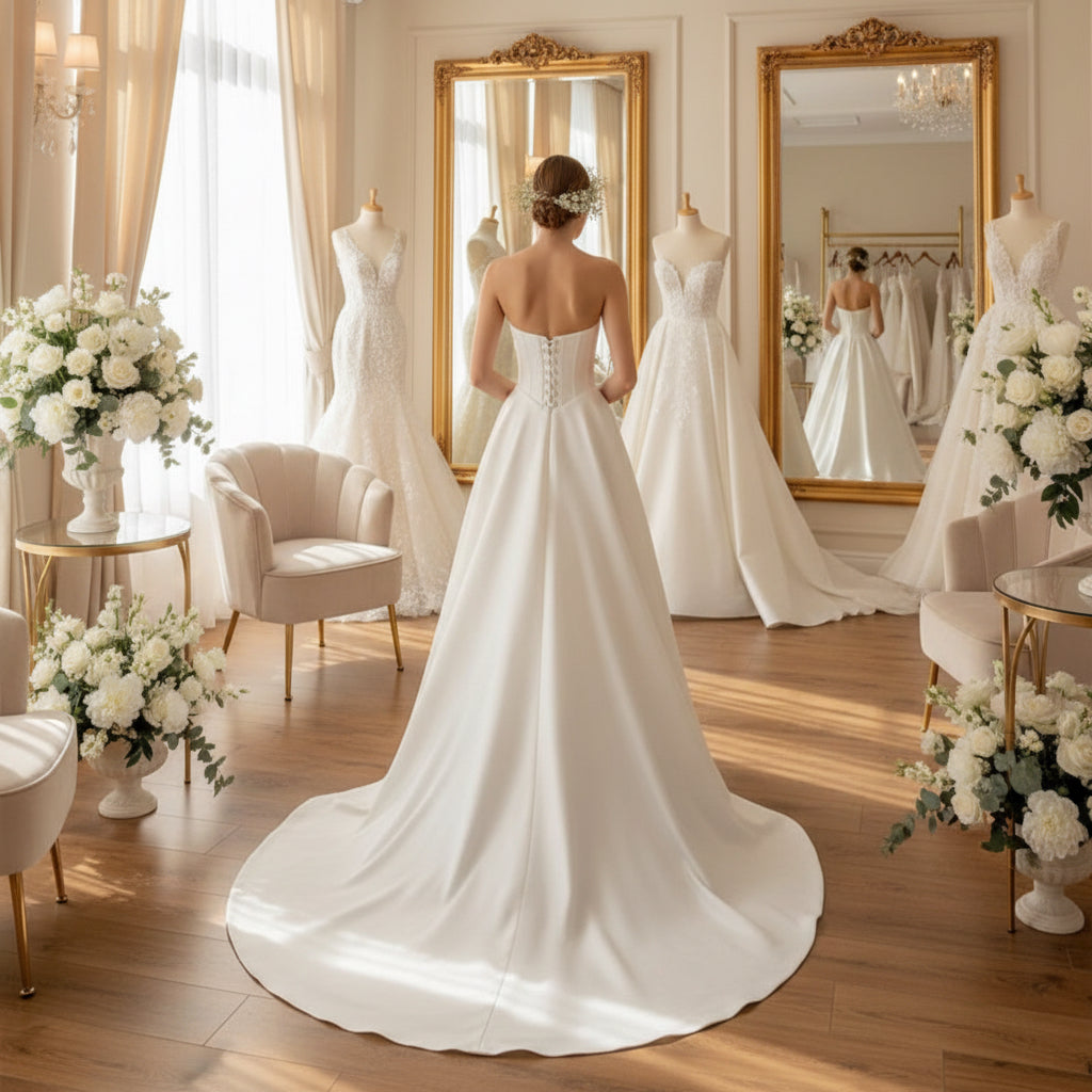 White strapless A-line wedding dress with lace-up open back and flowing skirt
