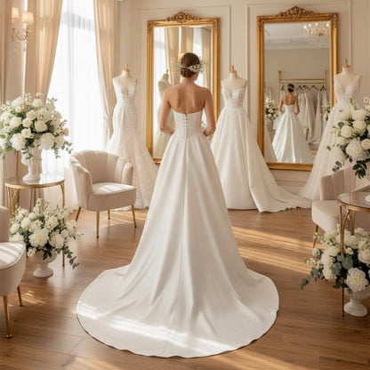 White strapless A-line wedding dress with lace-up open back and flowing skirt