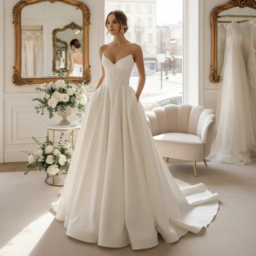 Ivory strapless A-line wedding dress with corset-style seams and full skirt