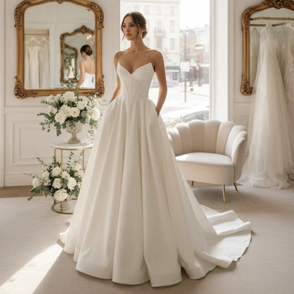 Ivory strapless A-line wedding dress with corset-style seams and full skirt