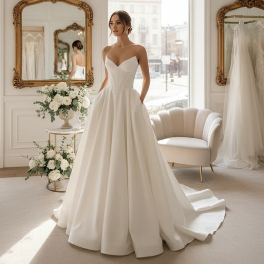 Ivory strapless A-line wedding dress with corset-style seams and full skirt