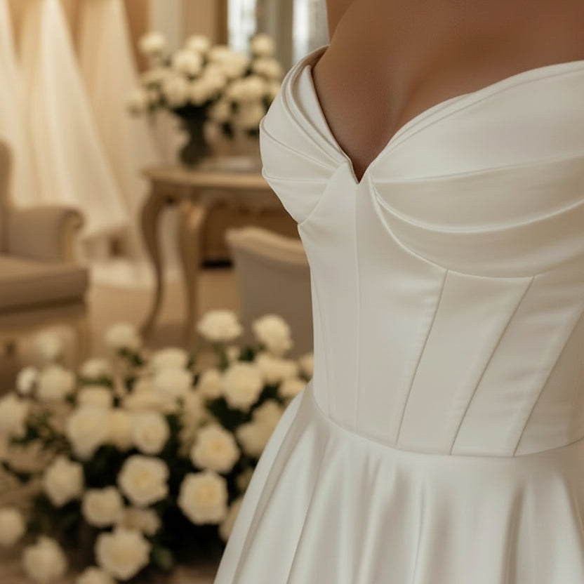 Ivory sweetheart strapless wedding dress bodice with structured seams and gathered skirt