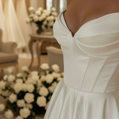 Ivory sweetheart strapless wedding dress bodice with structured seams and gathered skirt