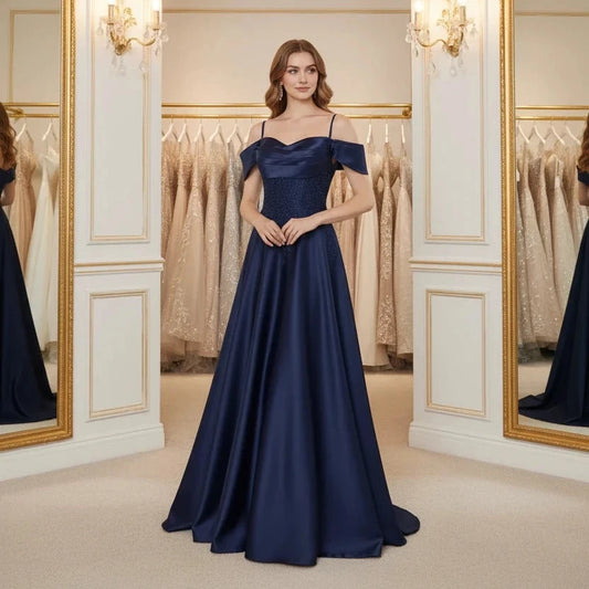 Navy satin A-line floor-length dress with beaded bodice, spaghetti straps, off-shoulder